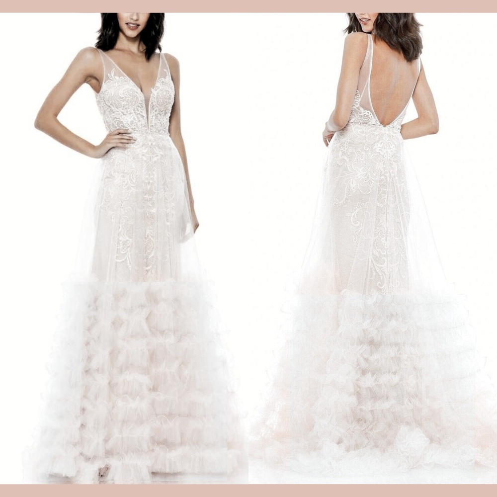 NWT Mac Duggal [ 2 ] 11183 Lace Ruffle Tiered Sleeveless Plunge Neck Gown #J1693